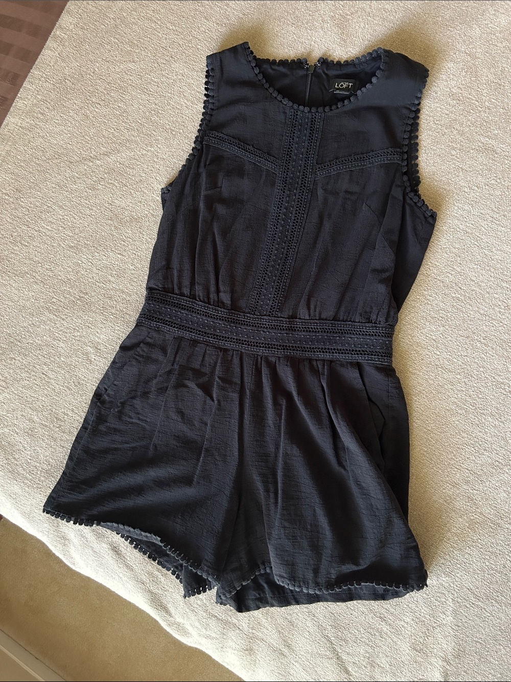 LOFT Black Sleeveless Crochet-Trim Romper One-Piece
